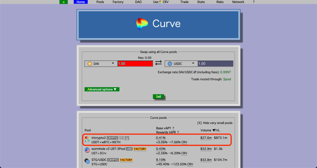 curve.fi top page